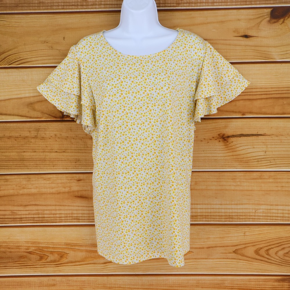 Adrianna Papell Blouse Shirt Womens Sz XL Yellow Floral Flutter Sleeves Stretch‎